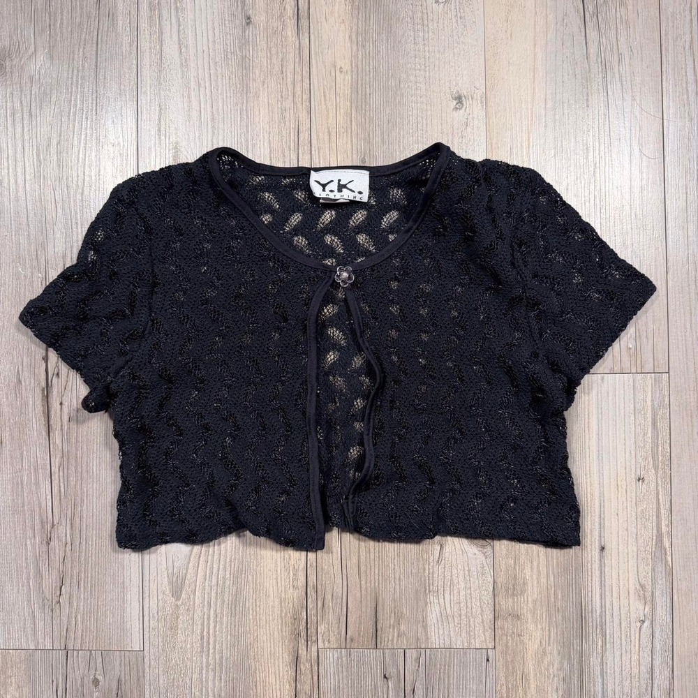 y.k. Black lace cropped cardigan with button up front